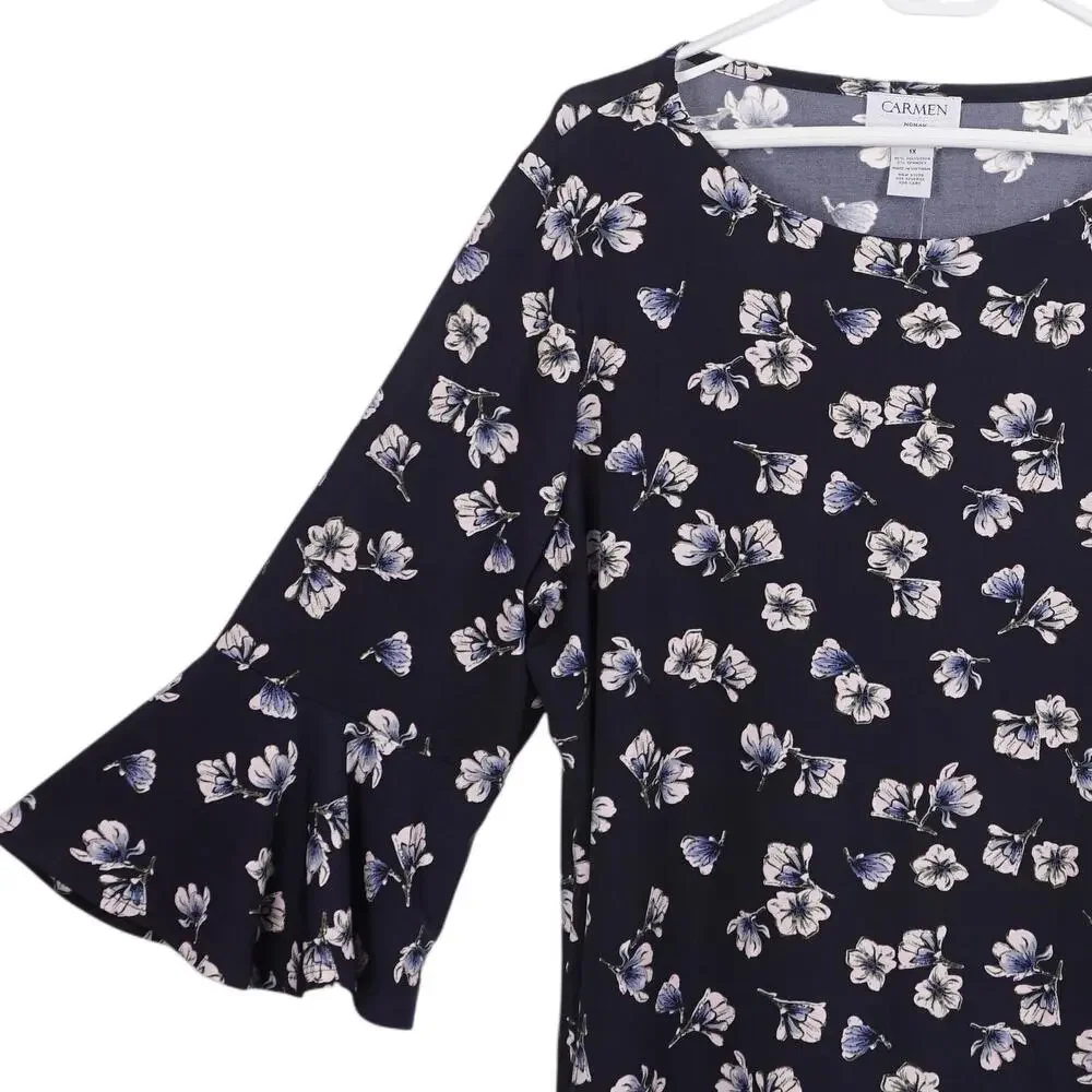 NWT CARMEN MARC VALVO Top 1X Navy Blue Floral Print Flounce 3/4 Sleeve Stretch